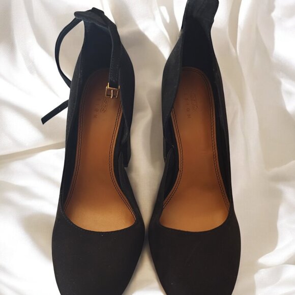 Osos Designs Shoes - ASOS DESIGN Black Suede Block Heel Pumps Women’s Ankle Strap Round Toe